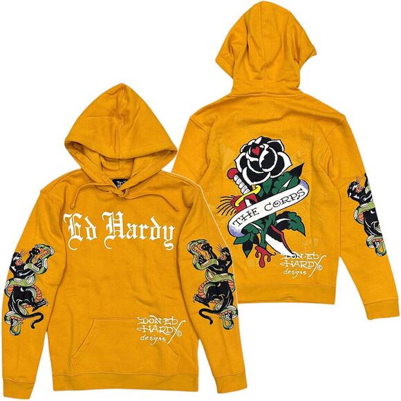 Ed Hardy Men's Hoodie Panther Snake Fleece Pullover Sweatshirt in Marigold - Picture 1 of 3